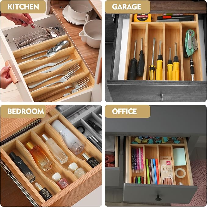 Bamboo Kitchen Drawer Organizer, 8.25" Silverware Cutlery Organizer Small