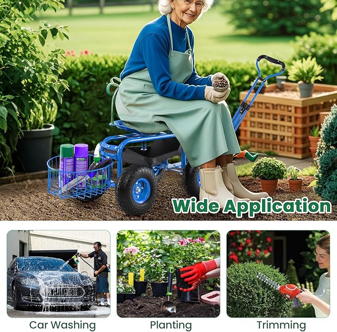 Giantex Rolling Garden Workseat with Wheels, 360 Degree Swivel Gardening Stool Cart with Storage Basket, Adjustable Height, Steering Handle, Steel Frame, Outdoor Work Seat for Planting Triming (Blue)