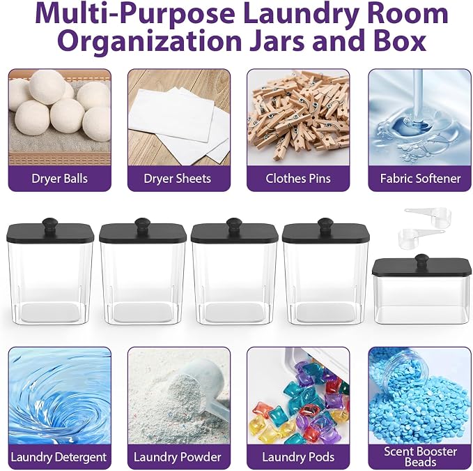 COAZEX 4+1 Pack Clear Laundry Pods Container & Dryer Sheet Holder Black Lid | Laundry Organization Square Design, 2 Scoops & 12 Labels, For Detergent Powder, Laundry Pods, Dryer Sheets, Dryer Balls