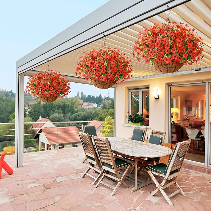 ZFProcess Artificial Faux Hanging Plants Flowers Basket Outdoor Porch Garden Spring Summer Decoration, Fake Silk Daisy in Planter Realistic UV Resistant for Outside Home Patio Balcony Yard(Red)