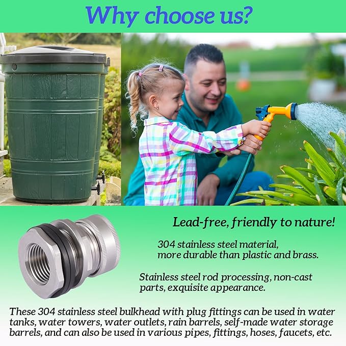 Bulkhead Fitting With Plugs(304 Stainless steel),lead-free, 1/2" Female NPT, 3/4" Male GHT (garden Hose Thread), for Rain Barrels, Aquariums, Water Tanks, Tubs, Pools, Spigot, Sinks,2 Pack…