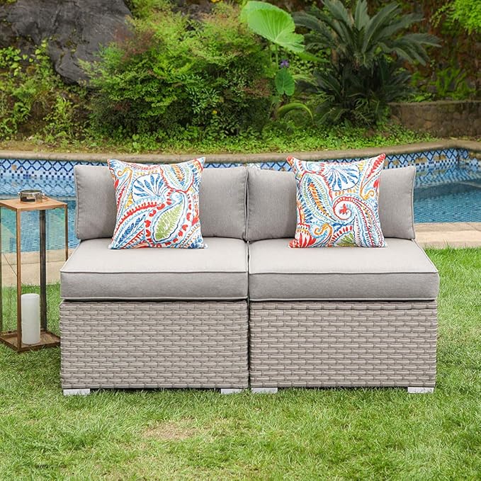 COSIEST 2-Piece Outdoor Furniture Add-on Armless Chairs for Expanding Wicker Sectional Sofa Set w Warm Gray Thick Cushions, 2 Floral Fantasy Pillows for Garden, Pool, Backyard