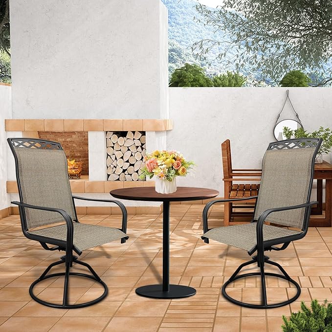 SHGJ&SOFT Patio Swivel Chairs, Waterproof Outdoor Dining Chairs with All-Weather Textilene Mesh for Deck, Garden, and Backyard (Patterned backrest-Brown, Set of 8)