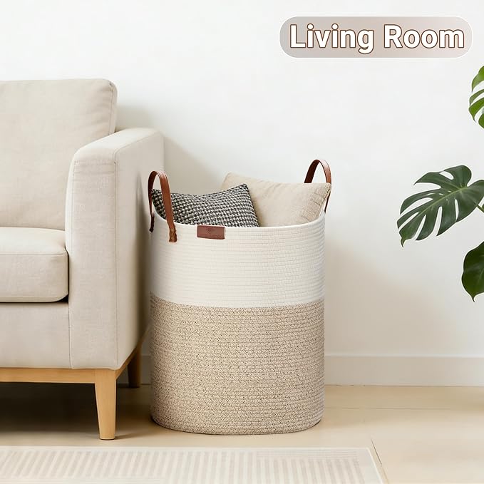 VIPOSCO 100L Tall Woven Rope Laundry Hamper, Leather Handles, White & Brown | Large Wicker Laundry Basket for Dirty Clothes, Blanket, Toy, Towel, Yoga Mat, Storage Bin in Bedroom, Bathroom, Living Room