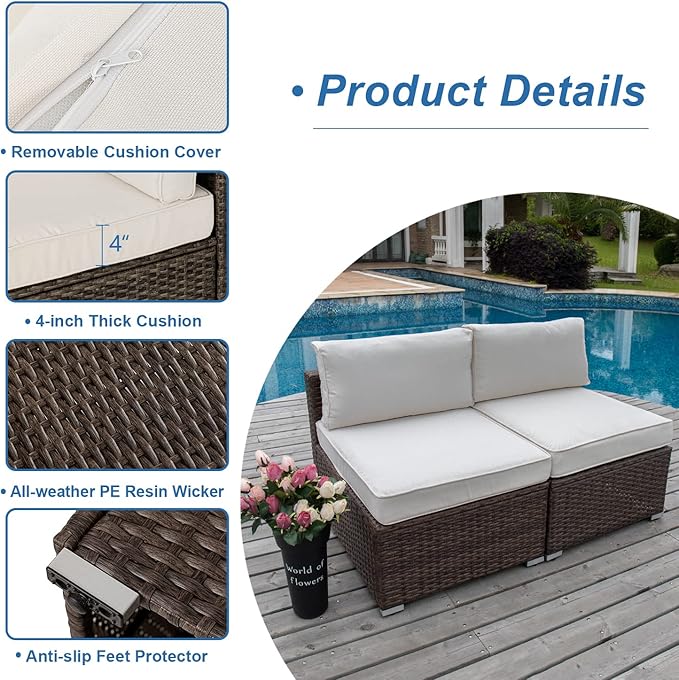 COSIEST 2-Piece Outdoor Furniture Add-on Armless Chairs for Expanding Wicker Sectional Sofa Set w Off White Thick Cushions for Garden, Pool, Backyard
