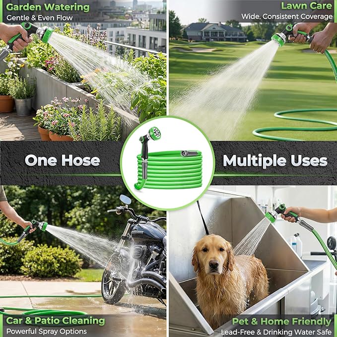 Garden Hose 50 Ft With 8-Pattern Spray Nozzle, 5/8" Lead-Free Flexible Water Hose With 3/4" Anodized Aircraft-Grade Aluminum Interface, Lightweight No-Kink Water Pipe For Lawn, Yard, Outdoor Cleaning