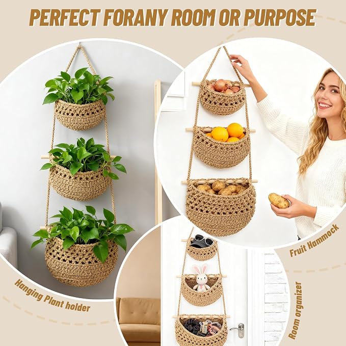 3 Tier Cotton Woven Wall Hanging Fruit Basket, 32 Inch