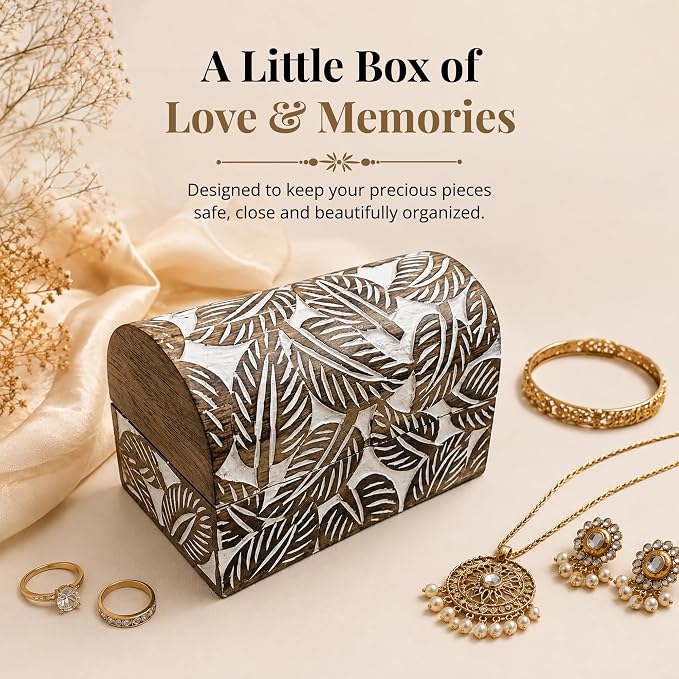 Premium Wooden Semicircular Curved Floral Jewellery Box Designer Trinket Box Ladies Jewellery Storage Case Antique Look Traditionally Handcrafted Home Decor (Leaf)
