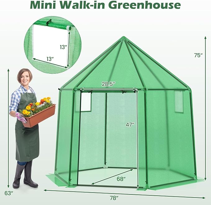 HAPPYGRILL 6.5 x 5.6 x 6.2 FT Greenhouse, Portable Outdoor Greenhouse w/ PE Cover, Rustproof PE-Coated Metal Frame, Roll-up Zippered Door, Windows, Greenhouses for Outdoors, Garden, Patio, Backyard