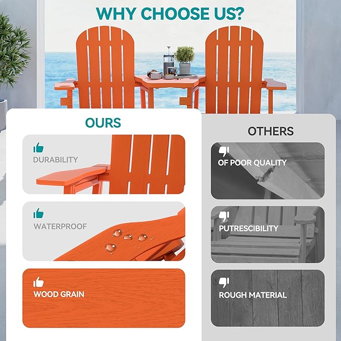 Vongrasig Adirondack Chairs Set of 2 with Removable Tabletop and Footrest, HDPE Plastic Outdoor Chair Set with Wooden Textured, Cup Holder for Patio, Poolside, Garden, Orange, 5 Pieces