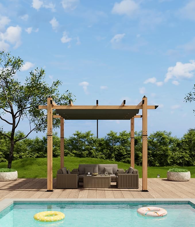 10' X 10' Outdoor Pergola with Retractable Canopy Aluminum Pergola Faux Wood Metal Pergolas Shelter for Backyard, Deck, Patio, Garden Porch Beach Sun Shade Pavilion Grape Trellis Grill, Gray