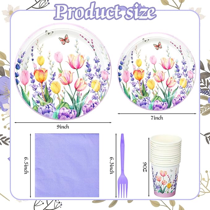 Mumufy 120 Pcs Spring Party Supplies Lavender Tulip Butterfly Floral Tableware Set Include 24 Disposable Paper Dinner Plates 24 Dessert Plate 24 Napkins 24 Cups 24 Forks for Spring Party Baby Shower