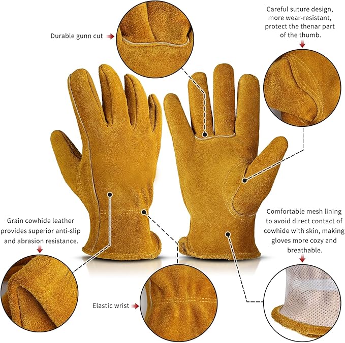 Leather Gardening Gloves for Men Women: Thorn Proof Cowhide Work Gloves for Yard Work Rose Pruning Heavy Duty