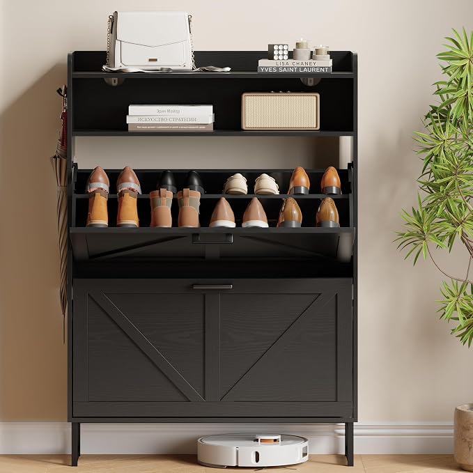 Xixini Shoe Storage Cabinet with 2 Flip Drawers, Entryway Shoe Rack, Black