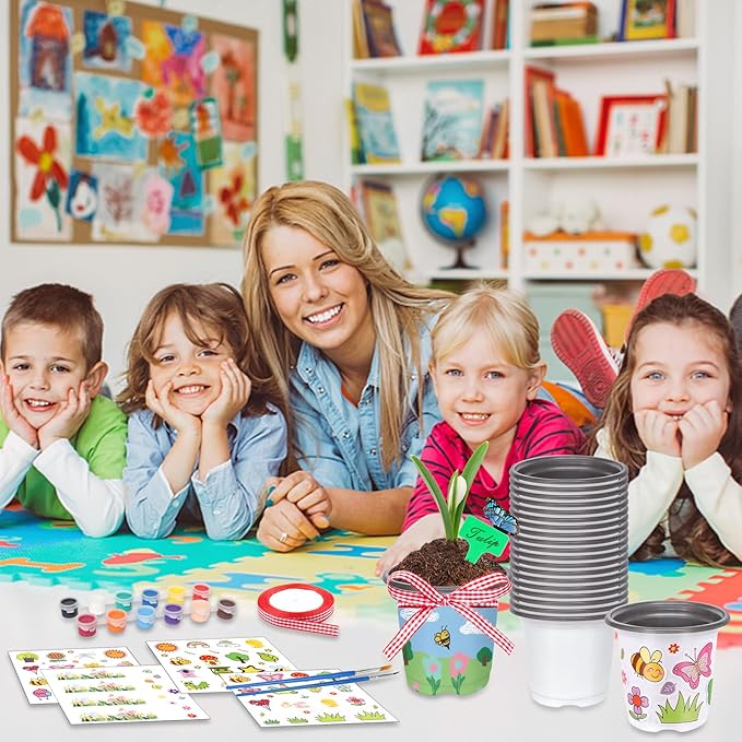 Garden Plastic Pot Craft Kit 50 Nursery Pots with 32 Stickers 50 Plant Labels 4 Painting Tools and 1 Ribbon for Mother's Day Flower Plant Spring Graduation DIY Crafts Painting Gardening Growing Tools