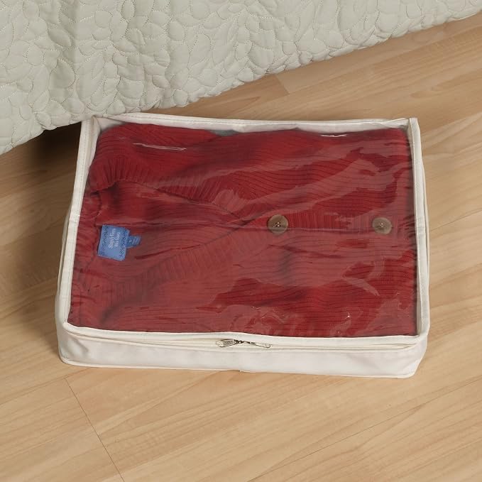 Household Essentials Canvas Sweater Storage Bags 2 Pack, Breathable Under Bed & Closet Organizer with Clear Window & Zipper, Soft-Sided Storage for Sweaters, Blankets & Linens