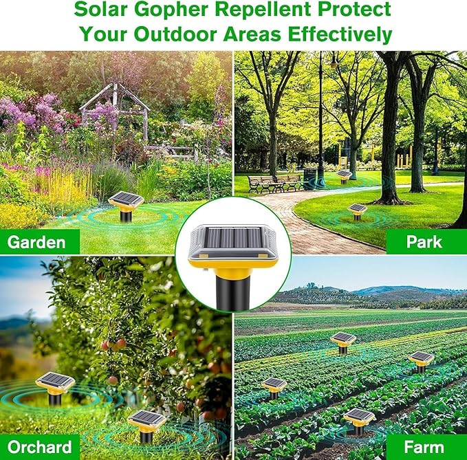 Ultrasonic Mole Repellent Outdoor,2 Pack Gopher Repellent Solar-Powered for Lawn Yard and Garden, Waterproof Mole Killer Traps, Effectively Repels Gopher Vole Groundhog Snake, Yellow