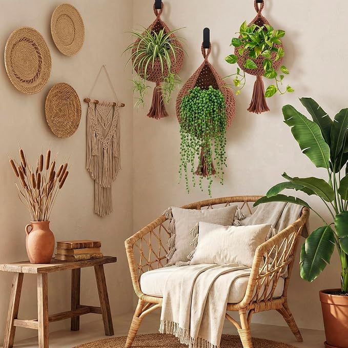 Honeydak 3 Hanging Baskets, White, Tassel, Cotton Rope | Wicker Wall Baskets with Hooks for Fruit Vegetable Onion Storage, Teardrop Organizer for Kitchen, Boho Farmhouse Decor
