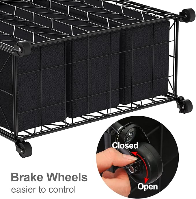 WOWLIVE Laundry Hamper 3 Section with Lid, 142L Laundry Basket with Wheels | Rolling Dirty Clothes Hamper with Removable Bags, Large Iron-Made Laundry Basket Organizer Laundry Sorter for Dorm, Black