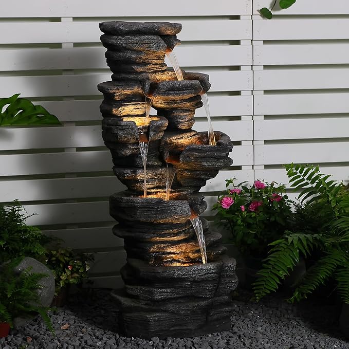 Bumilgar 42.5" H Garden Outdoor Water Fountain with LED Lights & Pump, Mutiply-Tier Cascading Outdoor Fountain Suitable for Garden/Patio/Yard/Deck/Balcony and Home Art Decor(Resin)