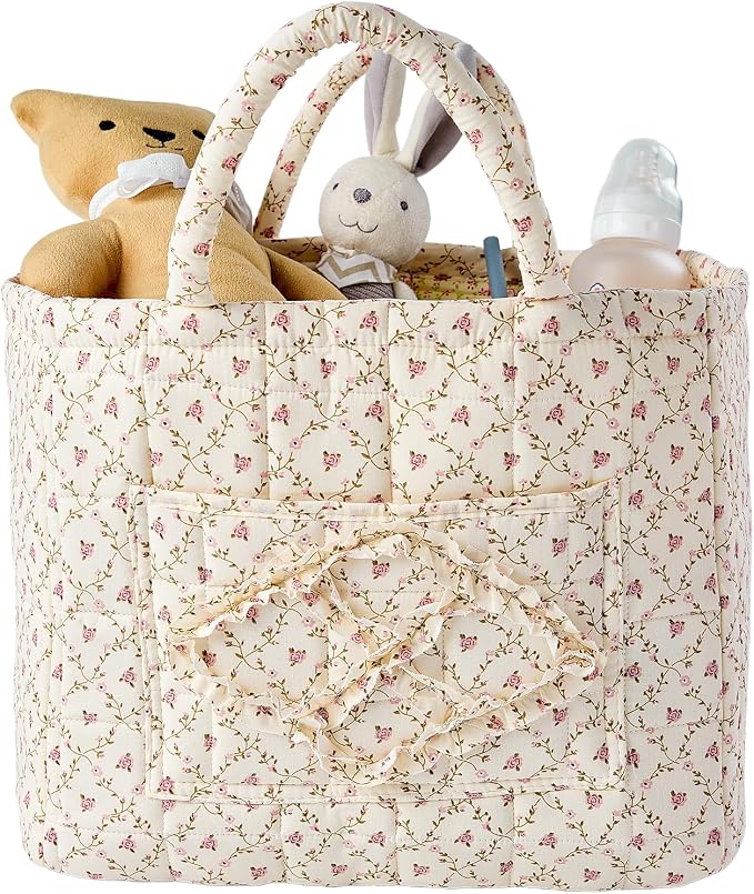 Quilted Fabric Car Storage Basket with Handles & Pocket, Foldable Laundry Hamper Boho Floral Print Organizer Bin for Home, Picnic, Office Nursery Cloth Toy 12"x10"x10" (Style B)
