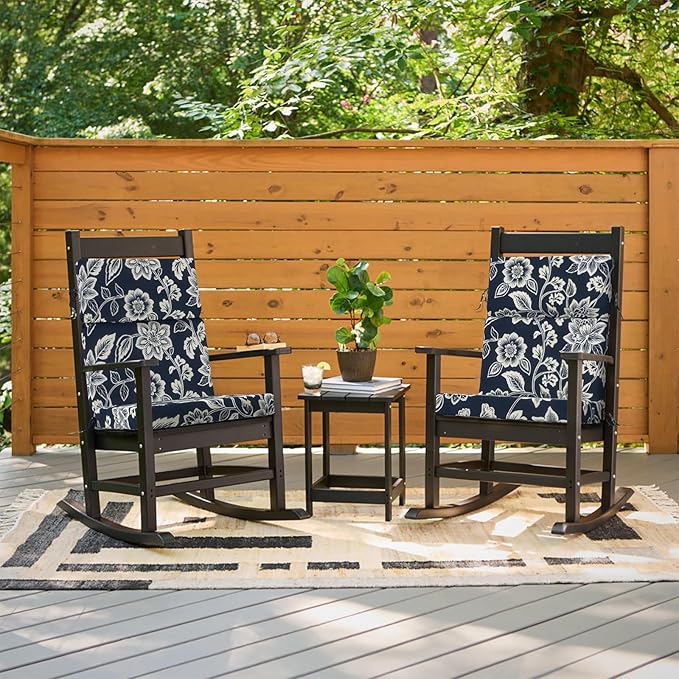DYTXIII Outdoor High Back Chair Cushions Set of 2, 44"x22" Water Repellent Patio Seat Cushions with Elastic Sponge, All Weather Chair Pads for Rocking, Dining Chairs, Patio Furniture - Vines Navy