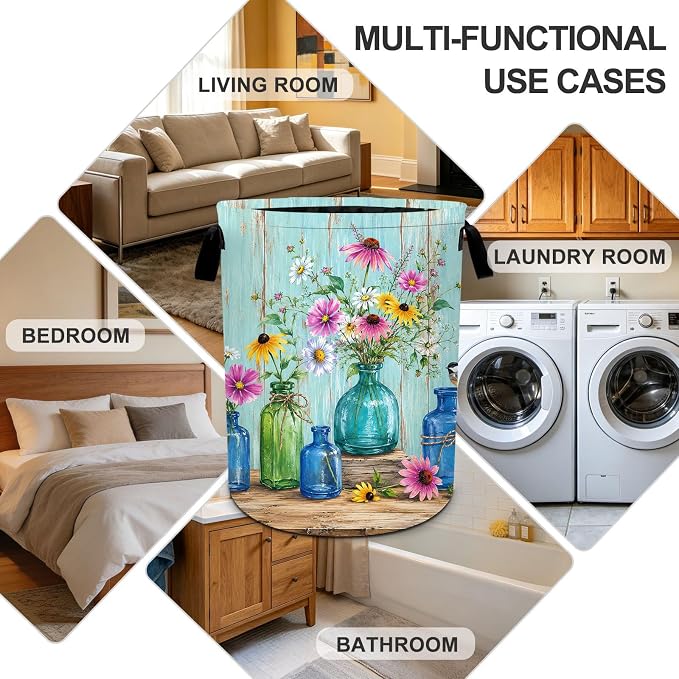 Flower Vase Laundry Hamper with Reinforced Handles Oxford Fabric Laundry Basket Large Clothes Storage Bin for Bedroom Bathroom Dorm Room 19.6 x 15.7 Inches