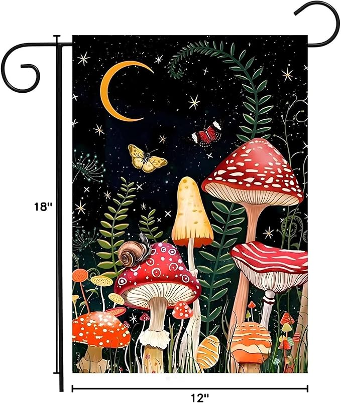 Fantasy Night Fairy Moon Star Mushroom Grass Butterfly Snail Garden Yard Flag 12"x 18" Double Sided Polyester Welcome House Flag Banners for Patio Lawn Outdoor Home Decor
