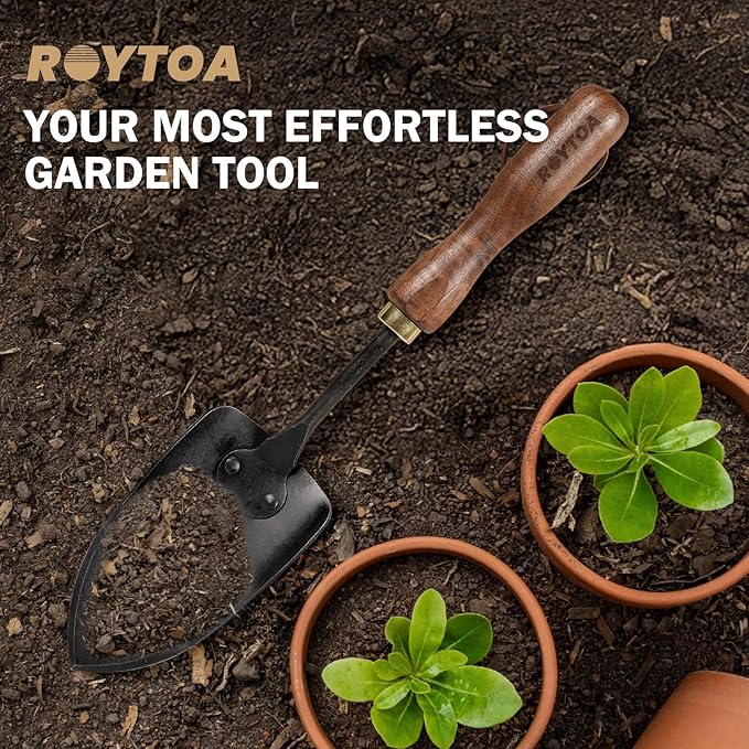 ROYTOA Garden Hand Trowel, Heavy Duty Stainless Steel Garden Shovel with Walnut Handle, Small Gardening Tools for Planting, Digging and Wedding