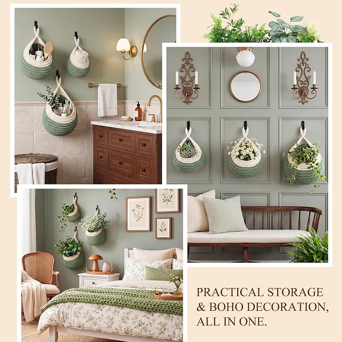 Honeydak 3 Hanging Baskets, White with Sage Green, Teardrop, Cotton Rope | Wicker Wall Baskets with Hooks for Fruit Vegetable Onion Storage, Teardrop Organizer for Kitchen, Boho Farmhouse Decor