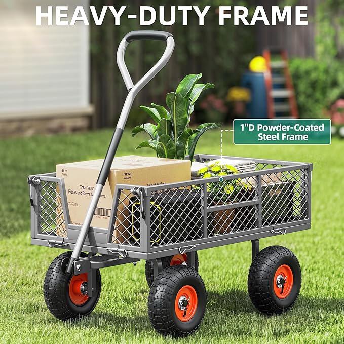 Autodaya Heavy Duty 900 lbs Capacity Garden Cart Wagon with 10" Pneumatic Tires & Removable Mesh Sides - 180° Rotating Handle, 4 Cu.Ft Utility Wagon for Yard, Garden, Hauling, All Terrain Outdoor Use