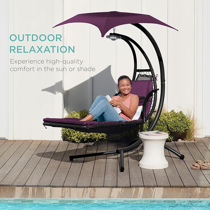 Best Choice Products Hanging LED-Lit Curved Chaise Lounge Chair Swing for Backyard, Patio, Lawn w/ 3 Light Settings, Weather-Resistant Pillow, Removable Canopy Shade, Steel Stand - Purple