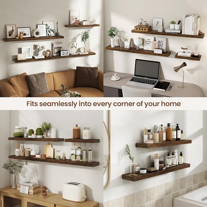Acovy 24 Inch Floating Shelves for Wall 2 Pack, 24" Wall Shelves for Books, Storage, Decor, Wall Mounted Floating Shelf with Invisible Brackets for Kitchen, Living Room, Brown