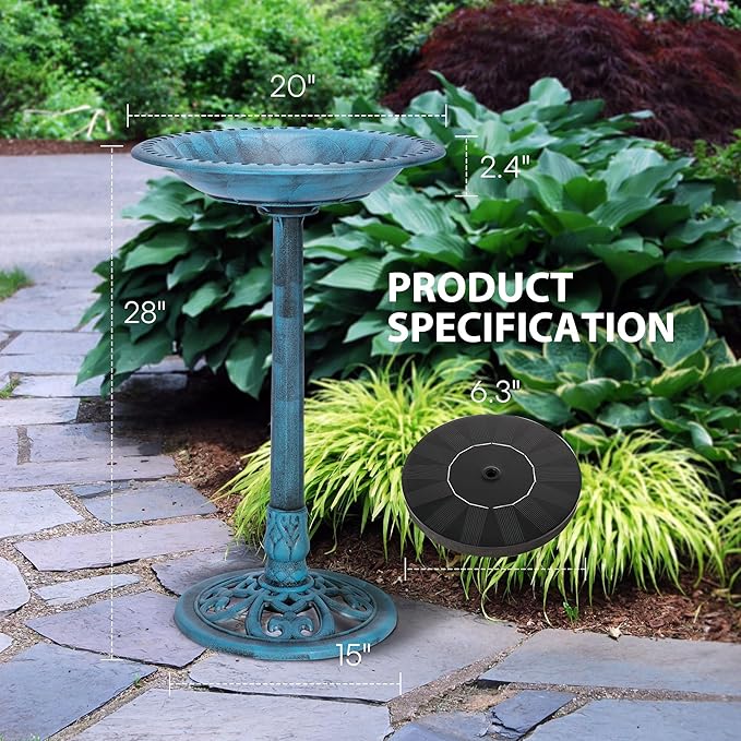 VIVOHOME Bird Bath with Solar Fountain for Outside, Polyresin Pedestal Bird Baths with Solar Powered Pump for Outdoor, Garden, Weather-Resistant Birdbaths with 20" Bowl, Blue