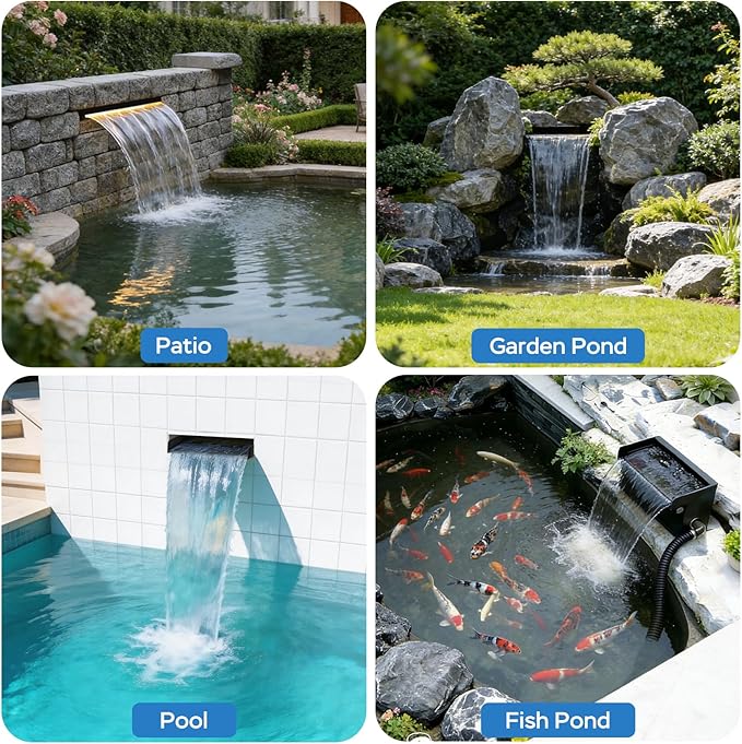 Pond Waterfall Spillway Kit, 8 inch Stainless Steel Spillway with Remote Control LED Lights, 660GPH Submersible Water Pump, Outdoor Waterfall Fountain for Water Feature, Garden, Backyard, Pool