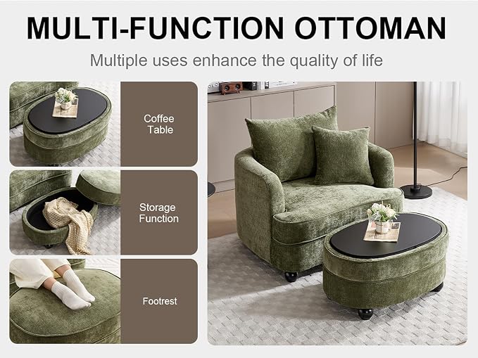 Oval Ottoman Coffee Table with Storage, Modern Chenille Fabric Small Foot Rest for Chair, 3-in-1 Multi-Functional Storage Ottoman with Tray Lid for Living Room, Bedroom, Dorm Room