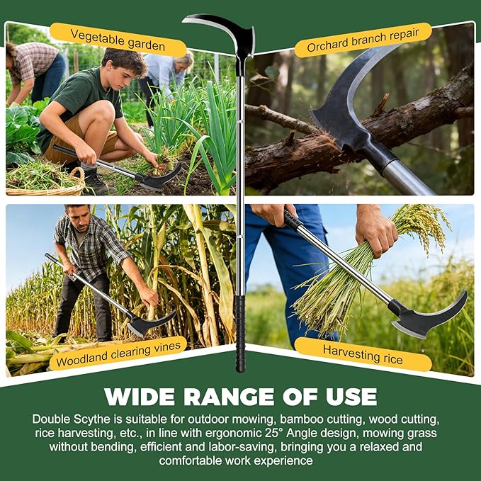 Sickle Weeding Tool-Manual Weeder Tool with Double Blade Head Heavy Duty Garden Hand Tool for Weeding Farm Harvesting Clearing Vines