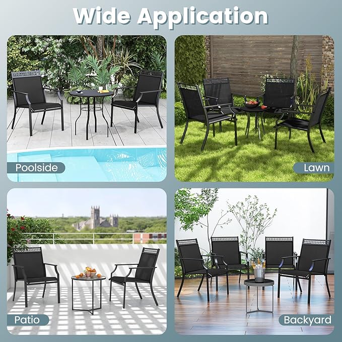 Giantex Patio Chairs Set of 2, Outdoor Chairs with All Weather Fabric, High Backrest, Armrests, Heavy Duty Metal Armchair, Outside Dining Chairs for Porch Lawn Garden Yard Pool, Black