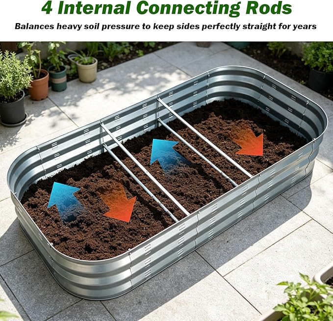 Galvanized Raised Garden Bed Kit with 4 Internal Braces, 67x36x10in Large Metal Planter Raised Beds Outdoor, 0.8mm Thick Steel Outdoor Galvanized Planter with Vents, Silver (2PCS)