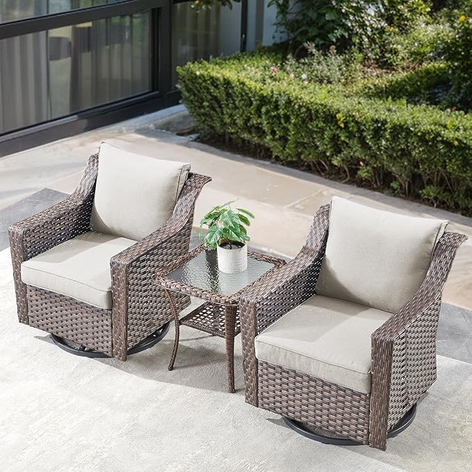 Outdoor Patio Table and Chairs Set - 3 Piece Outside Wicker Conversation Bistro Dining Furniture Sets with Rocking Swivel Chair and Glass Top End Tables for Front Porch Balcony Yard – Brown/Beige