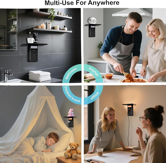 6 AC Wall Outlet Extender, Surge Protector, with Shelf and Night Light,Black