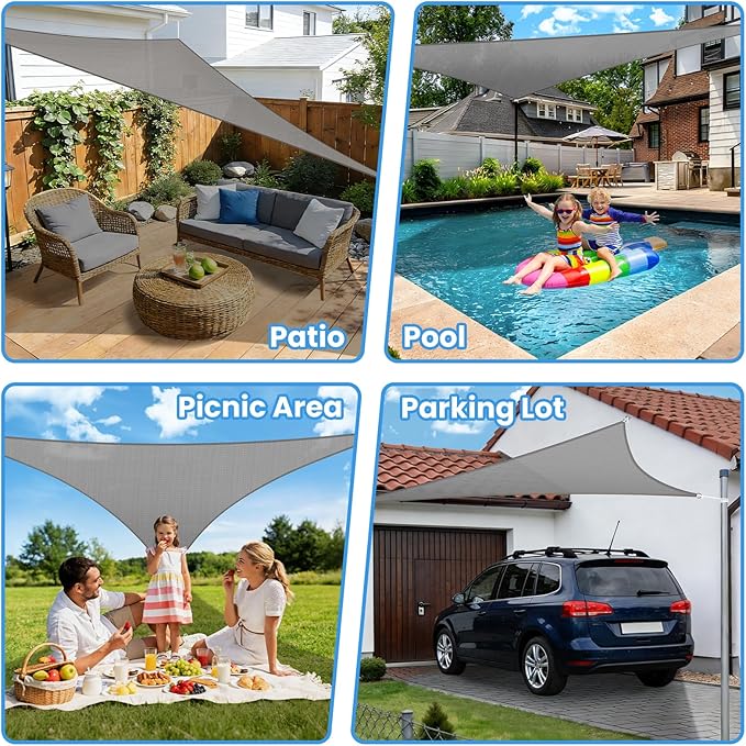 StorageTastic Triangle Sun Shade Sail - 16' x 16' x 16', UV Block Awnings for Patio Shade with Ropes Resist Wear, Tear & Fade, Breathable Sunshades for Outdoor Patio, Garden, Deck, Yard (Grey)