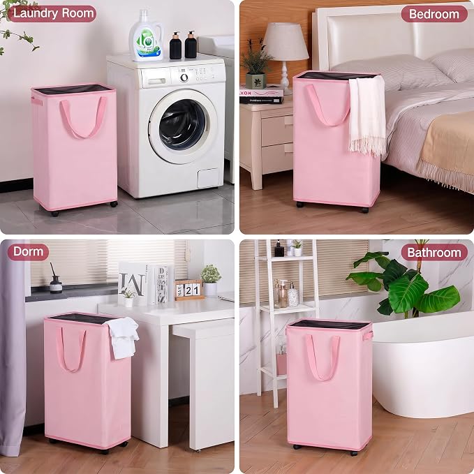 efluky Slim Laundry Hamper with Wheels, Rolling Laundry Basket for Clothes, Small Laundry Basket for Bedroom, Dorm and Laundry Room, 75L (19.8 Gallons) Pink