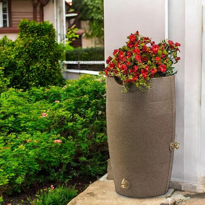 Decorative Rain Barrel with Planter, Impressions Havana, 50 Gallon, Unique Multi-Directional line Texture, Brass Spigot, Water Collection Tank,Khaki Granite. (Khaki Granite, 1 Piece)