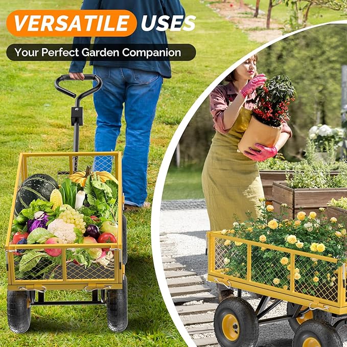 VINGLI Heavy Duty 900 LBS Mesh Steel Garden Cart, Dump Detachable Utility Wheelbarrow, Yard and Garden Wagon Cart with Removable Sides and 10 Inch Wheels(Yellow)