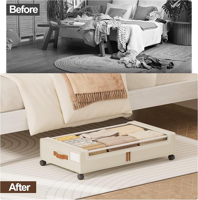 LAMU Under Bed Storage with Wheels, 2Pack Underbed Storage Containers,Beige