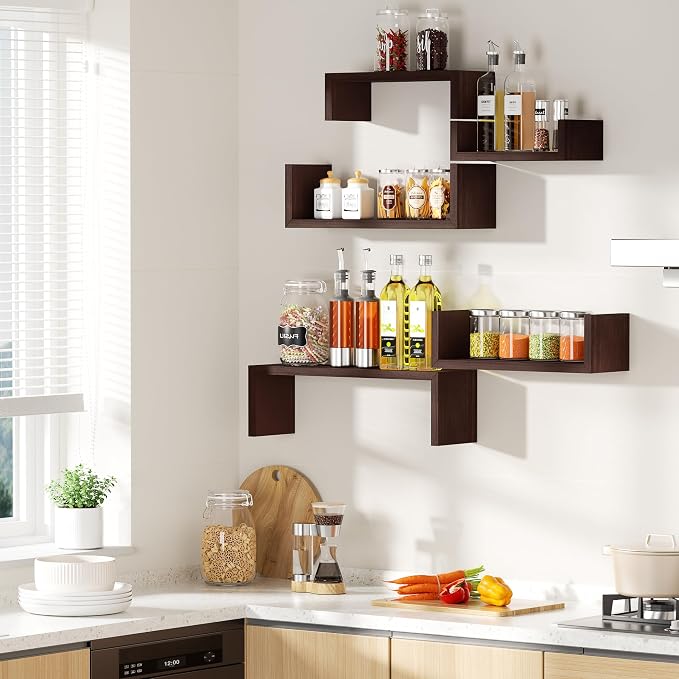SRIWATANA Dark Walnut Floating Shelves, 5-Piece Set Wood Wall Storage Unit | Versatile Wood Shelves in 5 Different Sizes; Flexible DIY Layout to Fit Any Space in Bathroom, Bedroom, or Kitchen