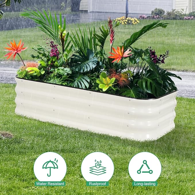 1MORE Raised Garden Bed -4X2X1 Galvanized Planter Box for Outdoor Gardening,3 in 1 Modular Raised Bed Kit with Protective Tape, Gloves for Herb,Ideal for Vegetables and Plants.White-1Pack