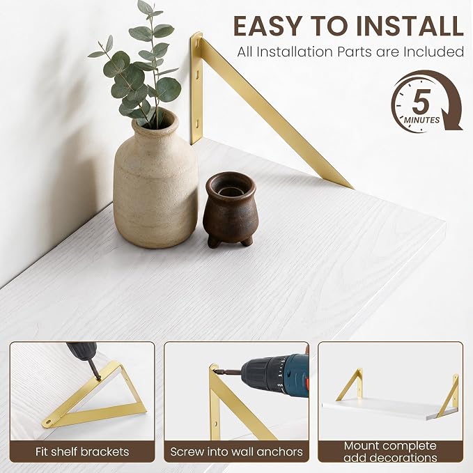 Dreamland Wall Mounted Floating Shelves Set of 2, 24x12, White&Gold