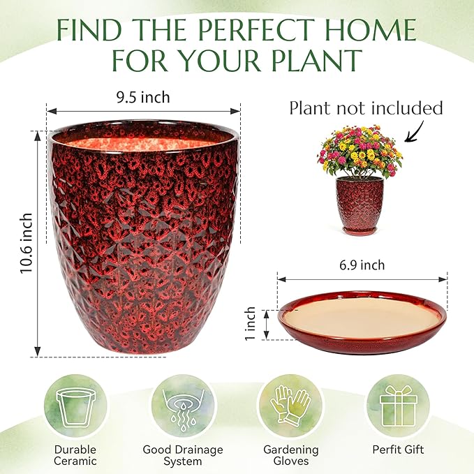 9.5 Inch Flower Pots for Indoor Plants,Ceramic Planter with Saucer Drainage Leak-Proof Mesh Gardening Gloves (Diamond Red)
